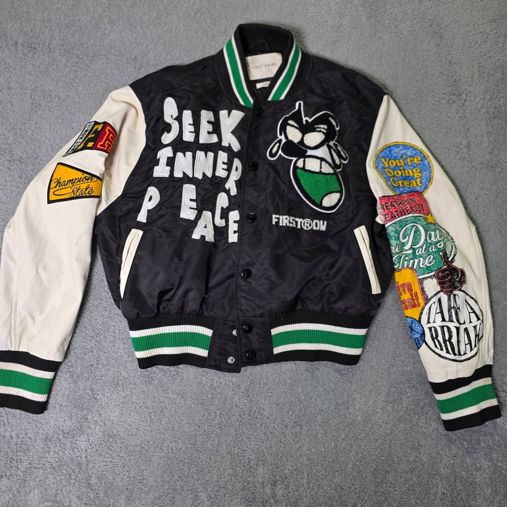 First Row Mens Large Varsity Jacket Black White Seek Inner Peace Patch FRJ0036CR